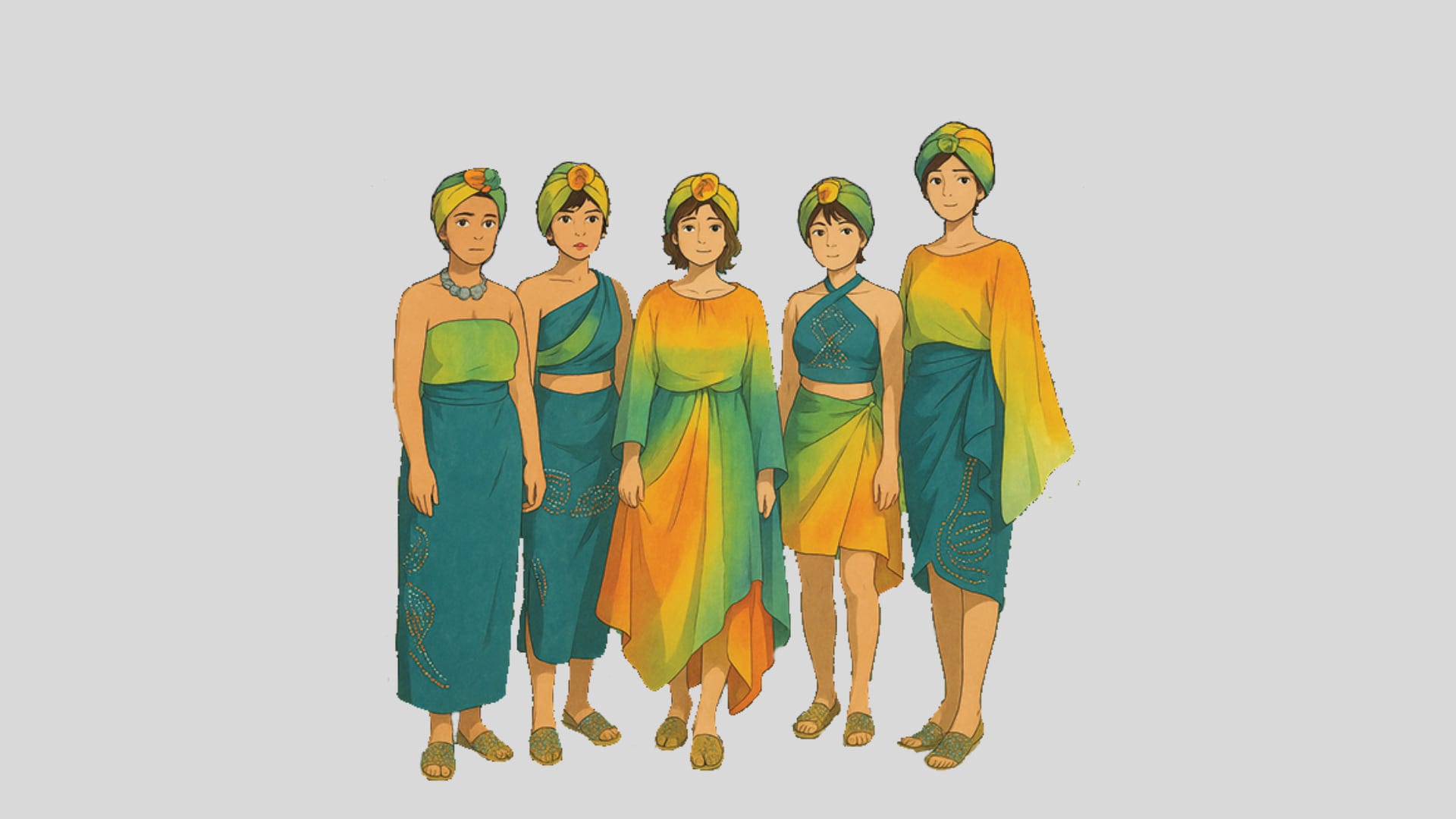Illustrated line-up of five looks in teal, saffron and green, each with a wrapped headpiece