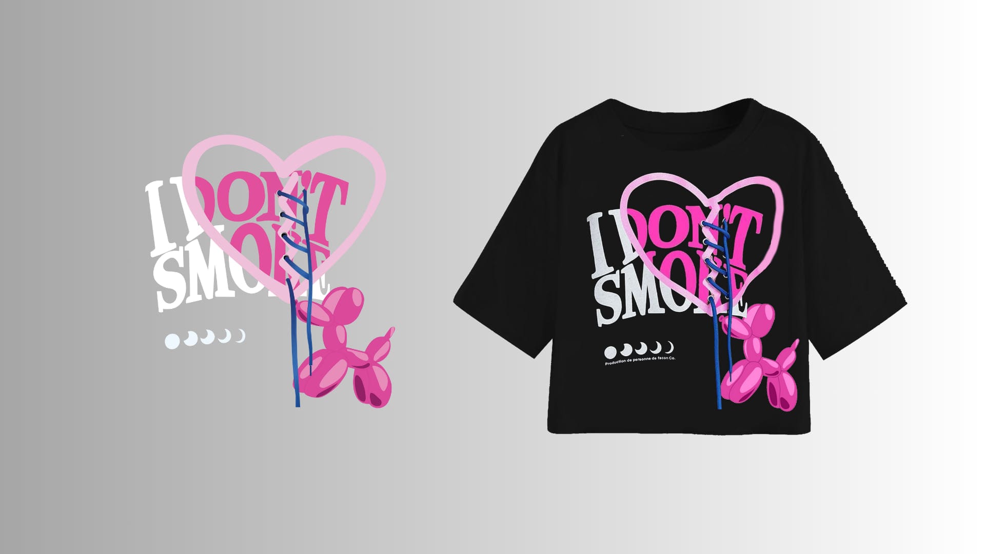 Pink heart and balloon-dog graphic on a black cropped tee