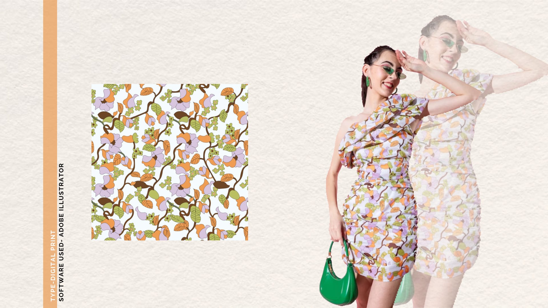 Meadow print swatch beside a model in a one-shoulder dress