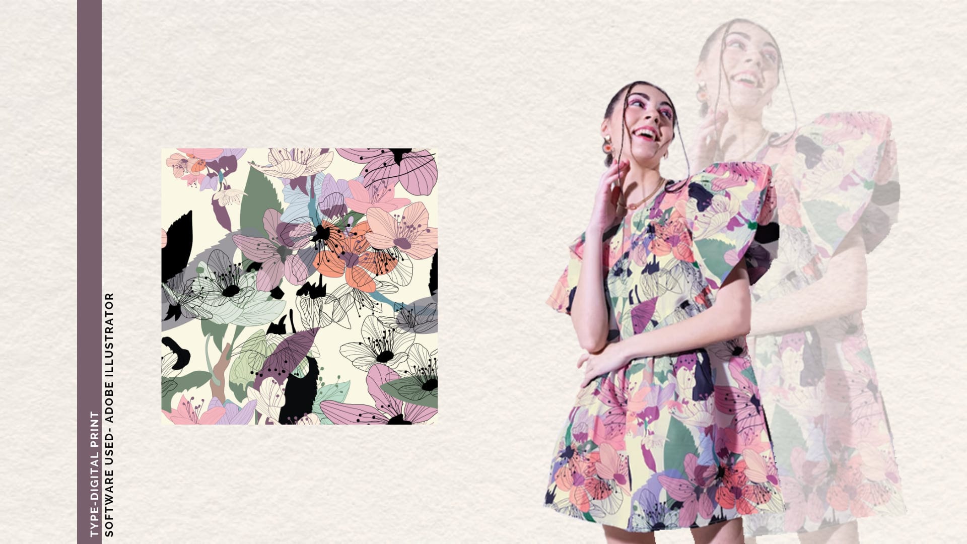 Garden print swatch beside a model in a printed dress