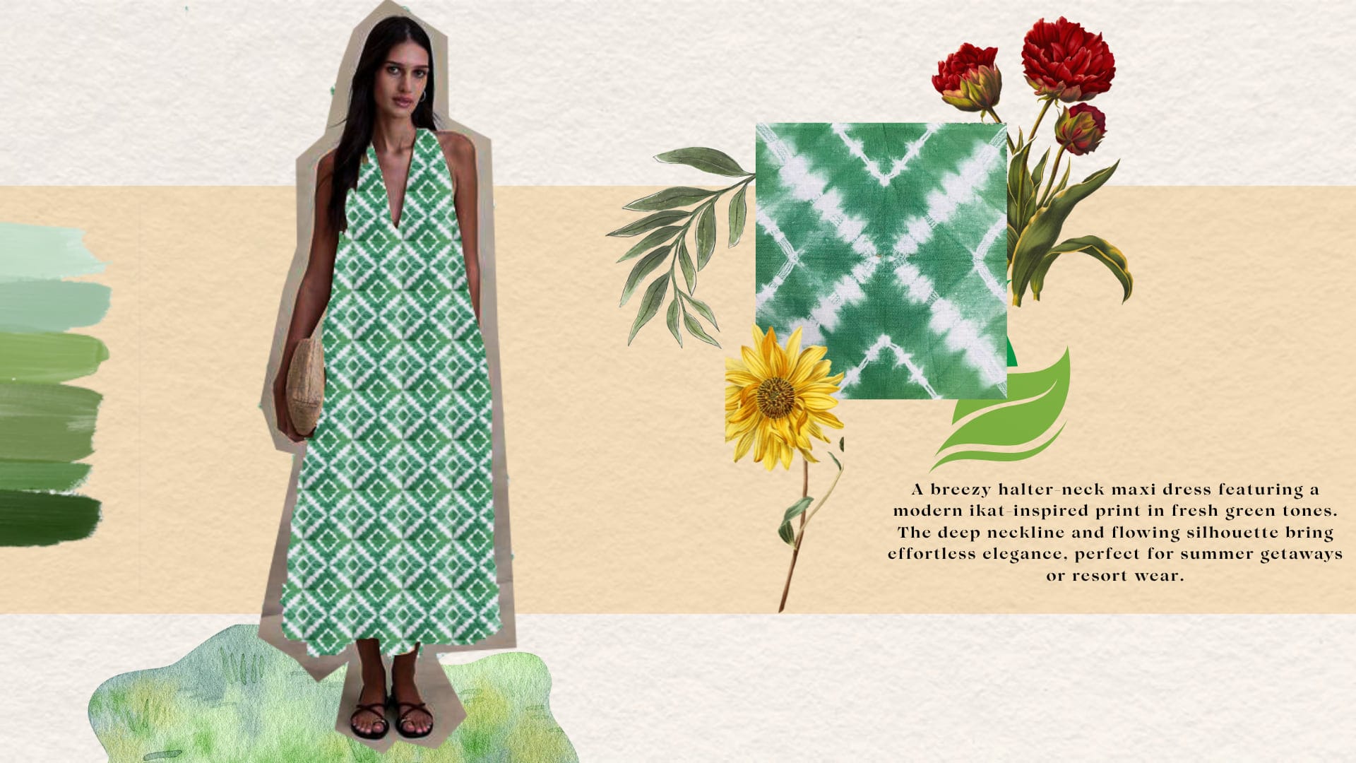 Green tie-dye board with swatch, flowers and halter-neck maxi dress