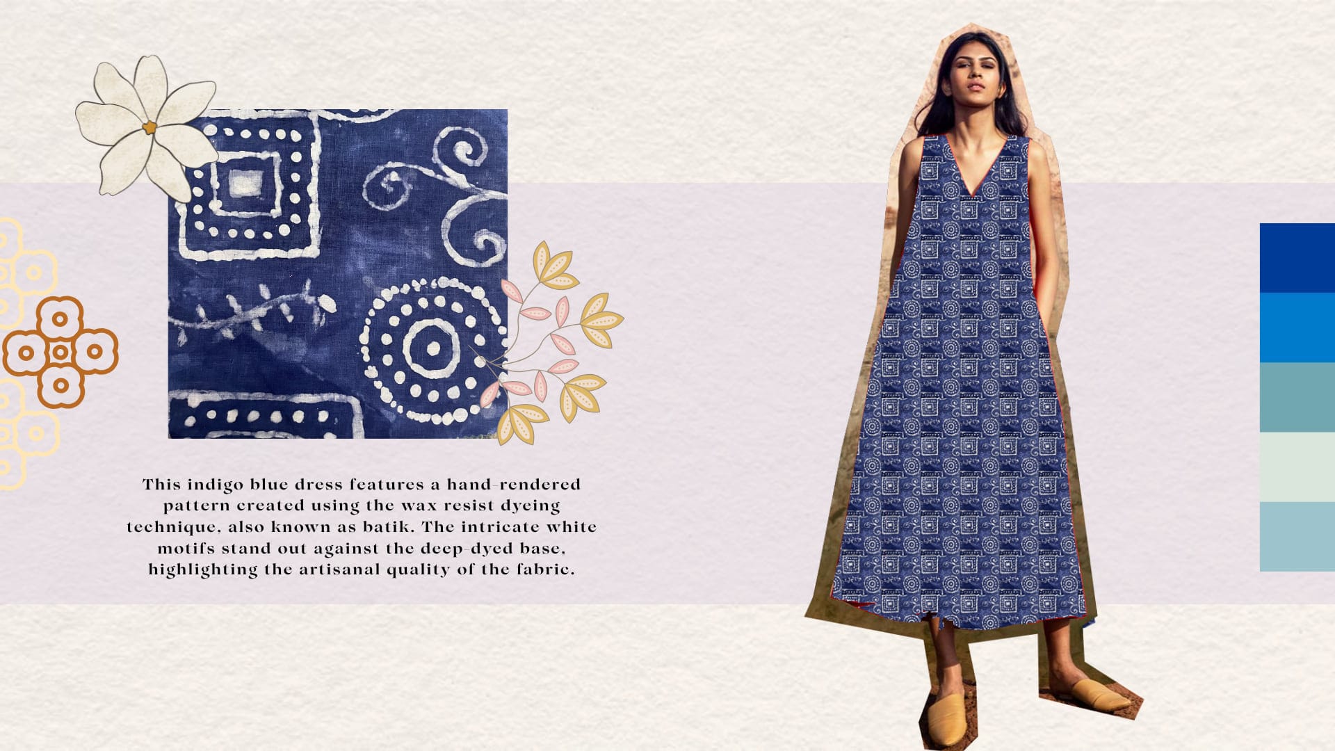 Indigo tie-dye board with swatch, colour palette and dress