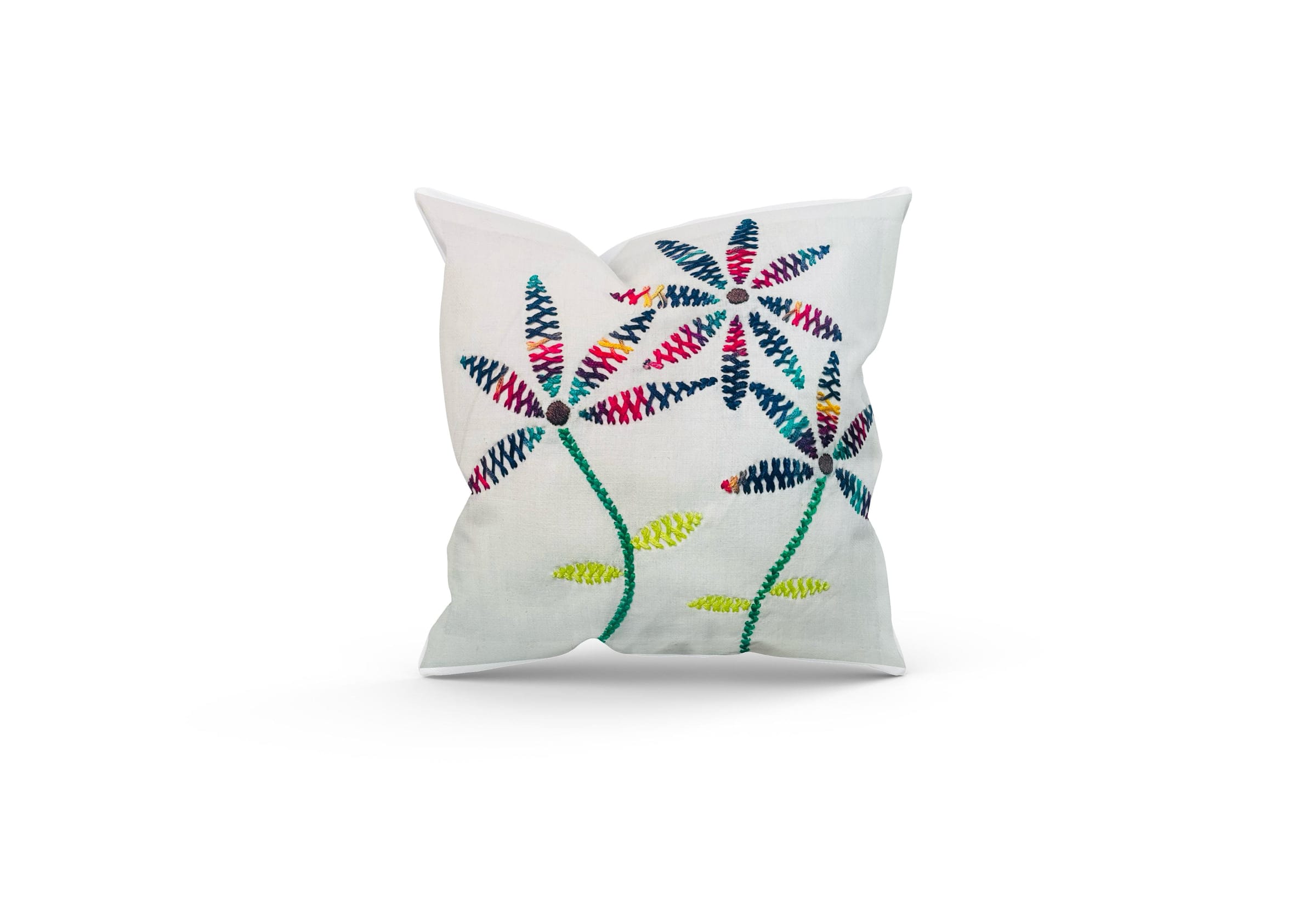 Cushion embroidered with palm-like blooms in pink and teal