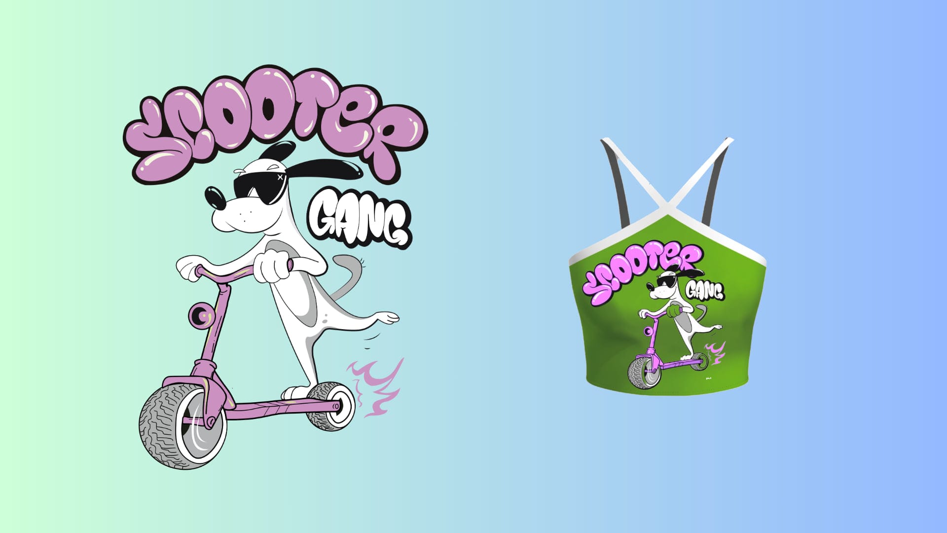 Scooter-riding cartoon dog graphic on a green crop top