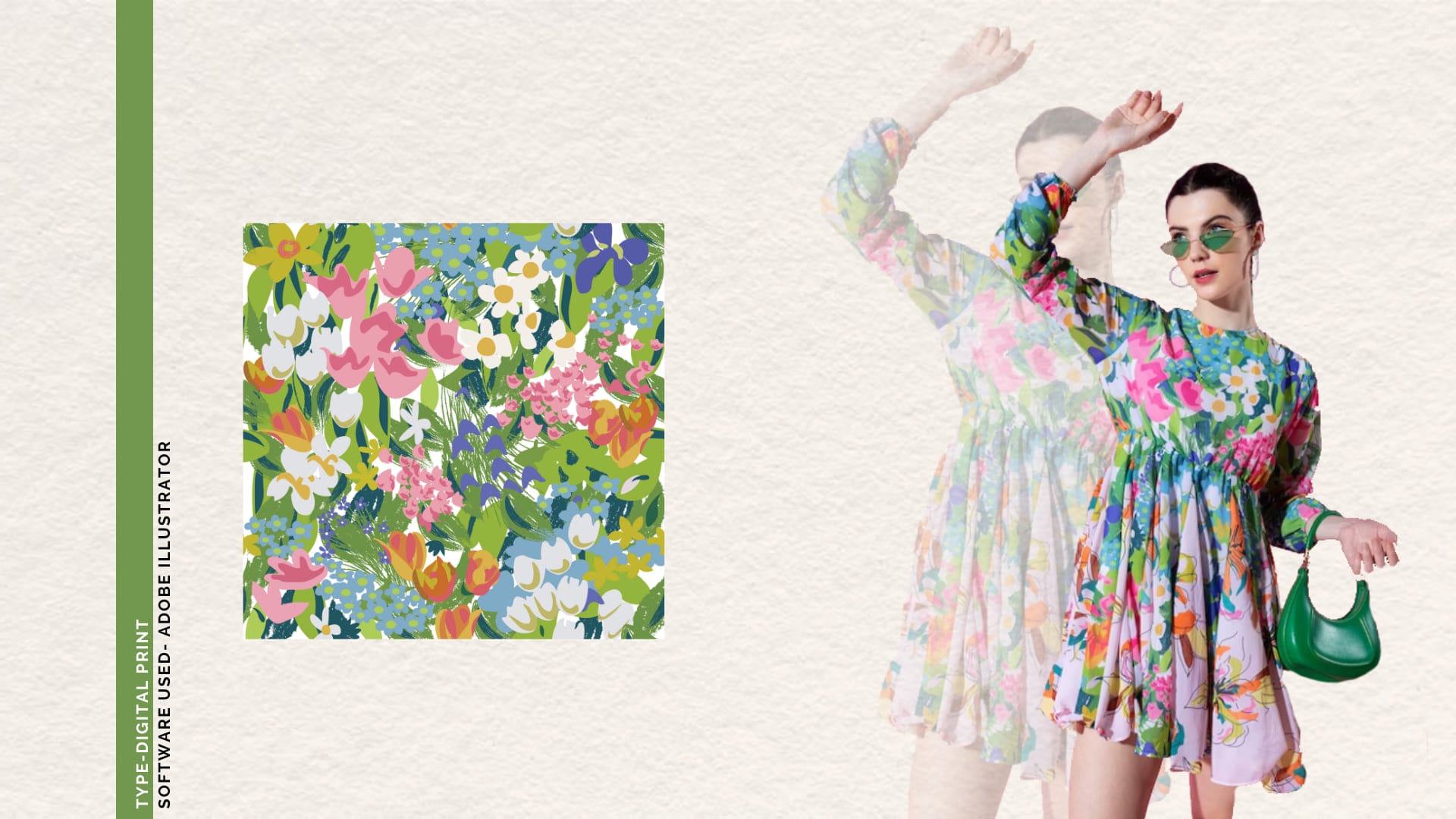 Wildflower print swatch beside a model with a green bag