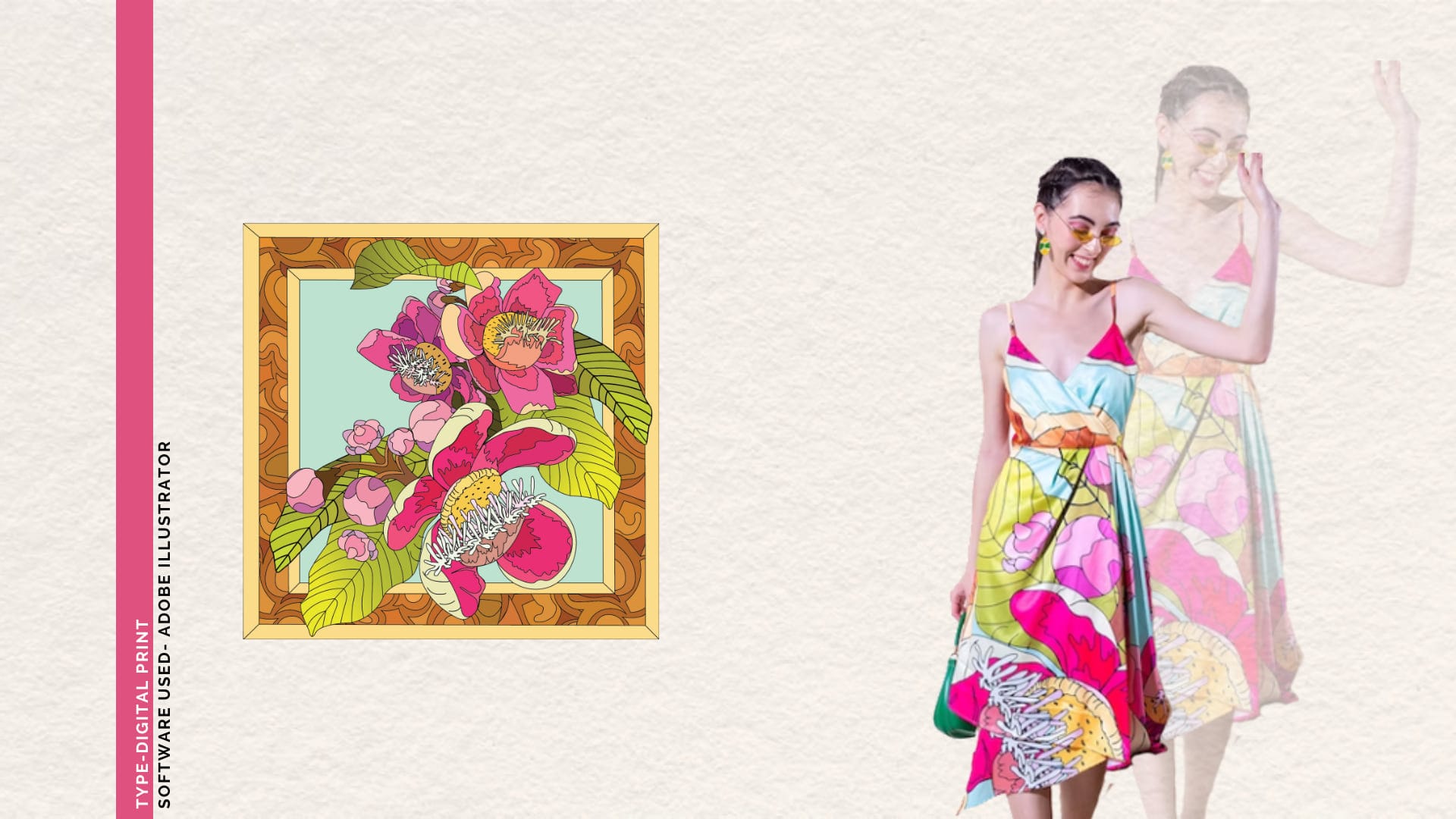 Framed bloom print beside a model wearing the printed dress
