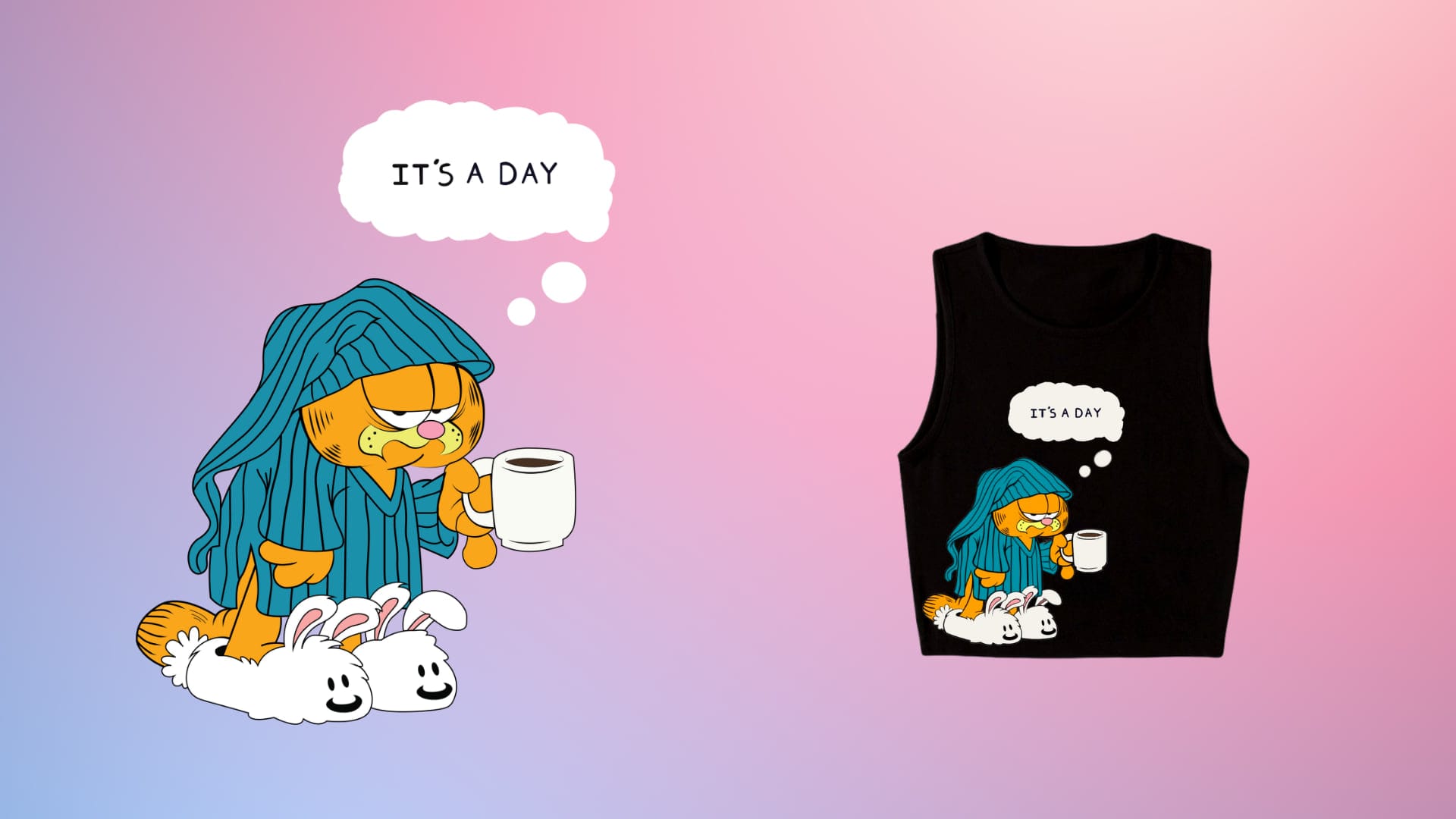 Cartoon cat graphic placed on a black cropped tank