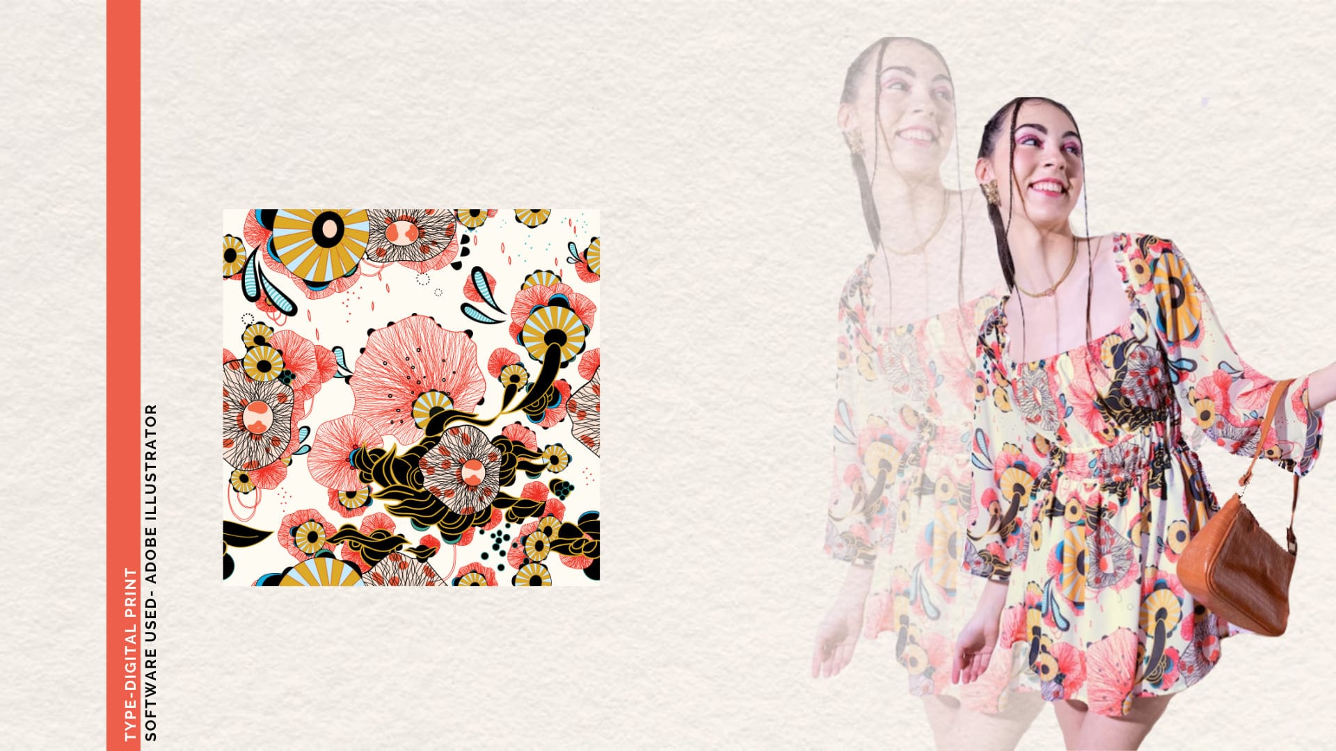 Blush floral print swatch beside a model in a printed co-ord