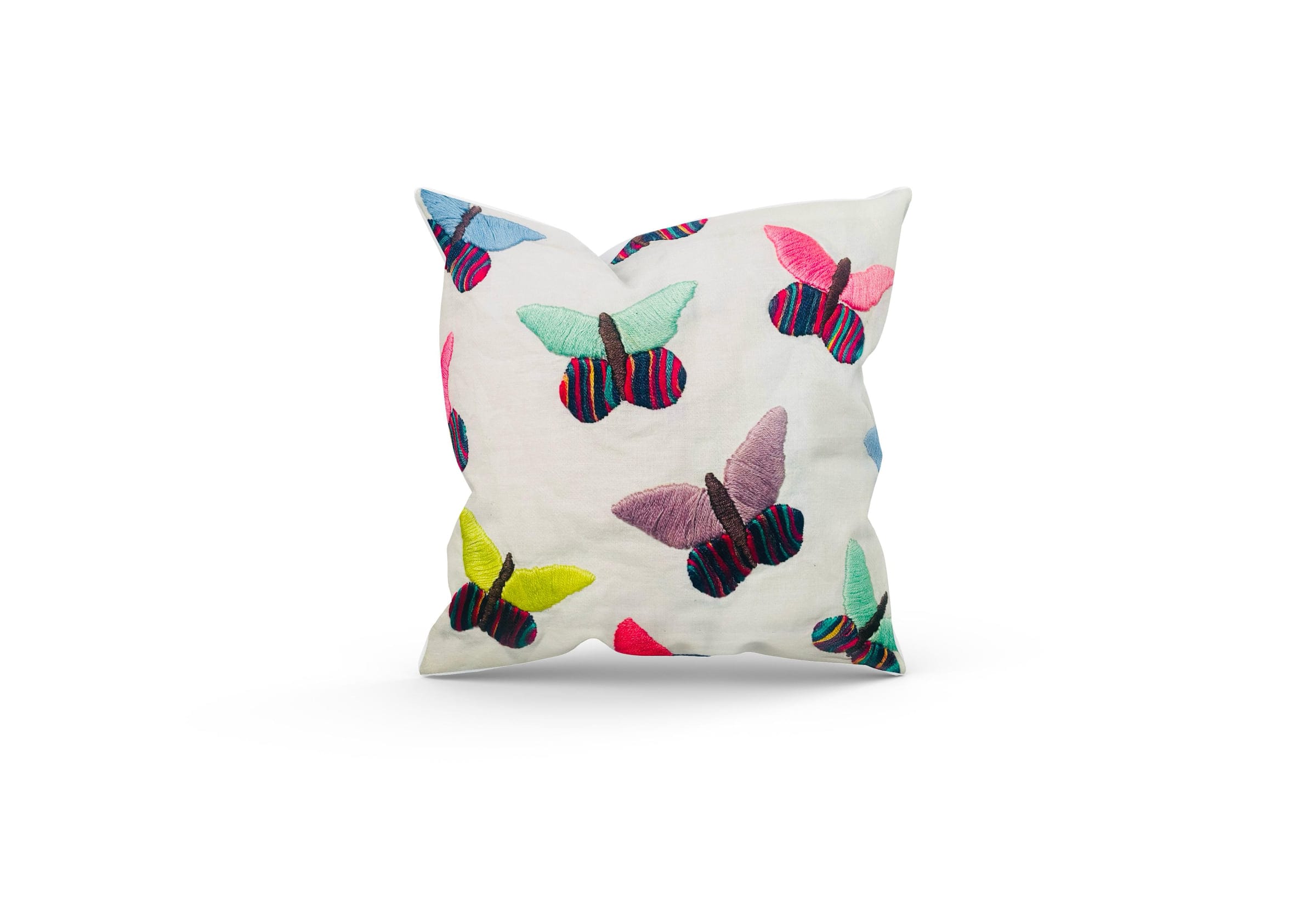 Cushion scattered with multicoloured embroidered butterflies