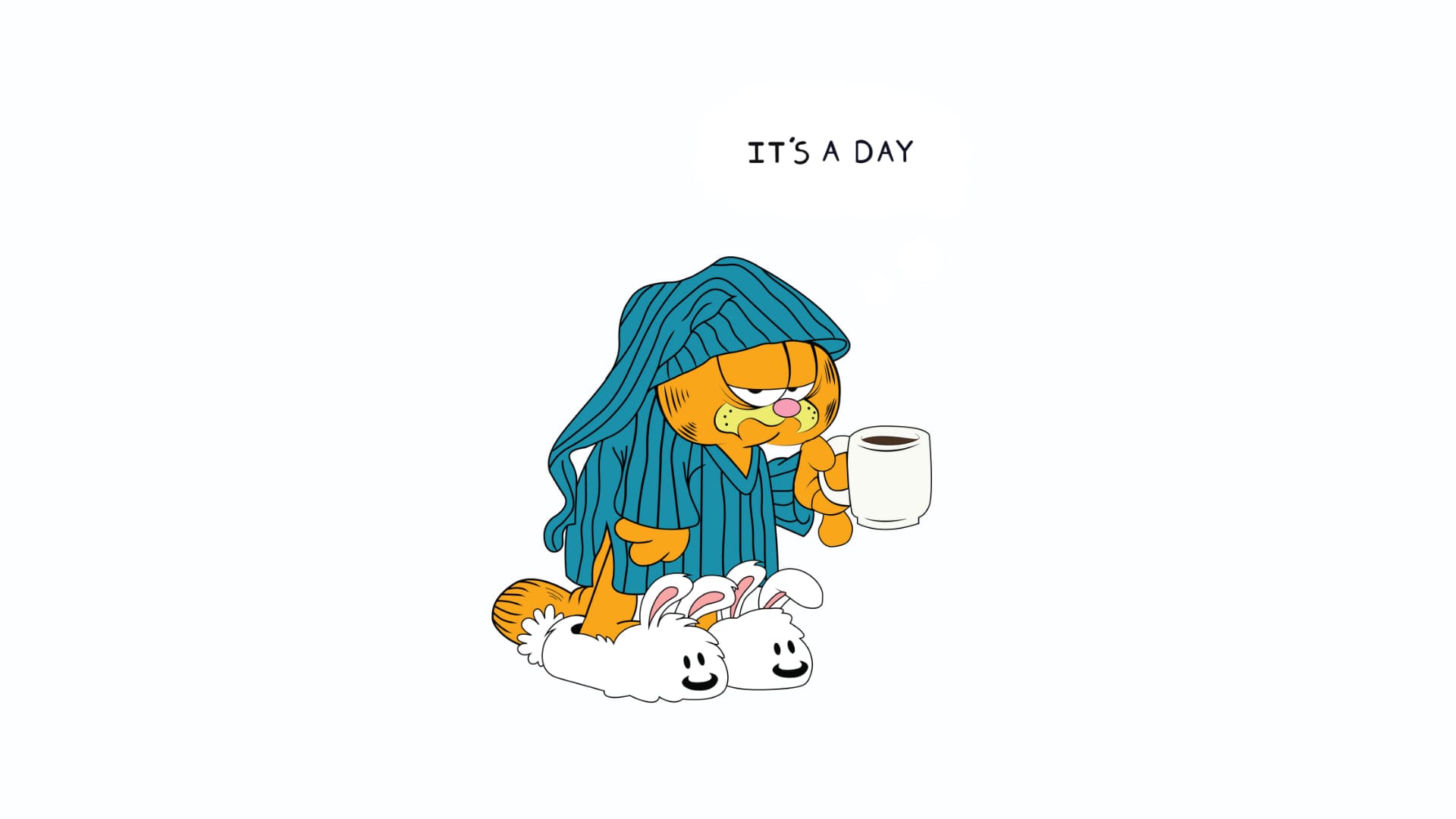 Cartoon cat in a striped robe and bunny slippers holding a coffee mug, captioned It’s a day