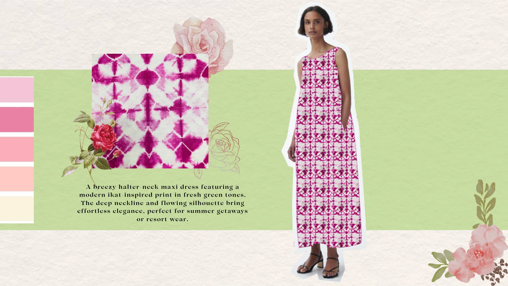 Presentation board pairing a magenta tie-dye swatch with the finished maxi dress