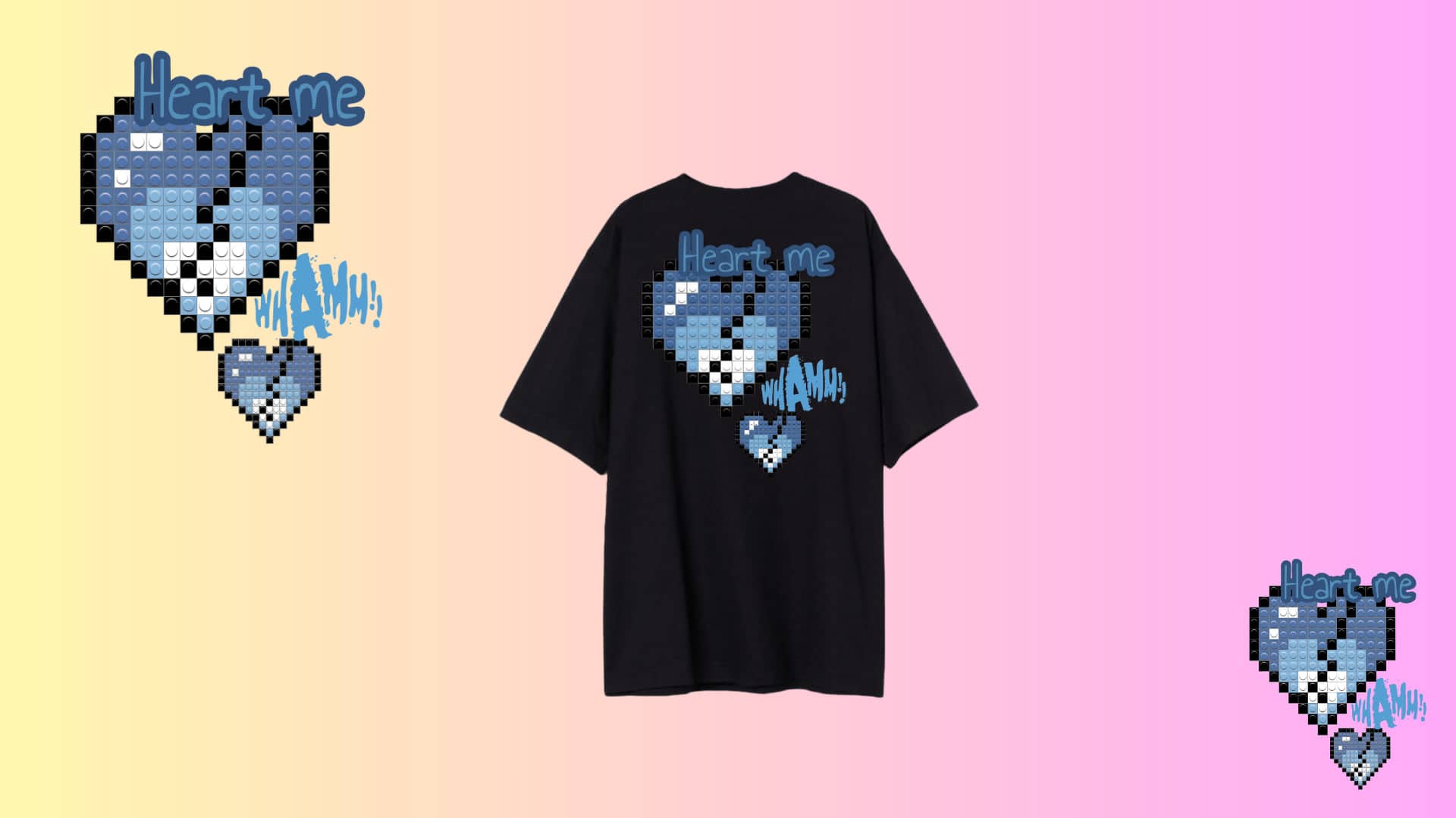 Pixel-art heart graphic printed on a black oversized tee