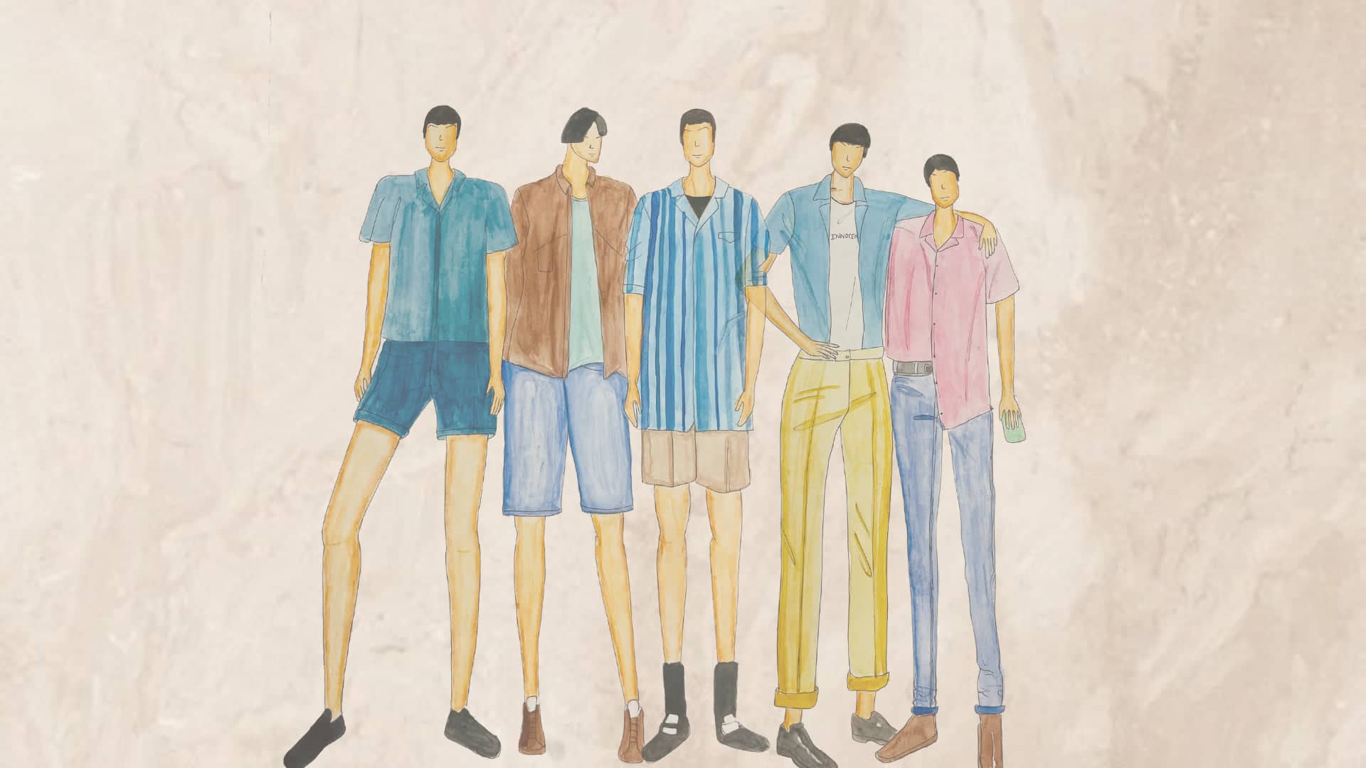 Fashion illustration of a five-look menswear line-up in shirts, shorts and trousers